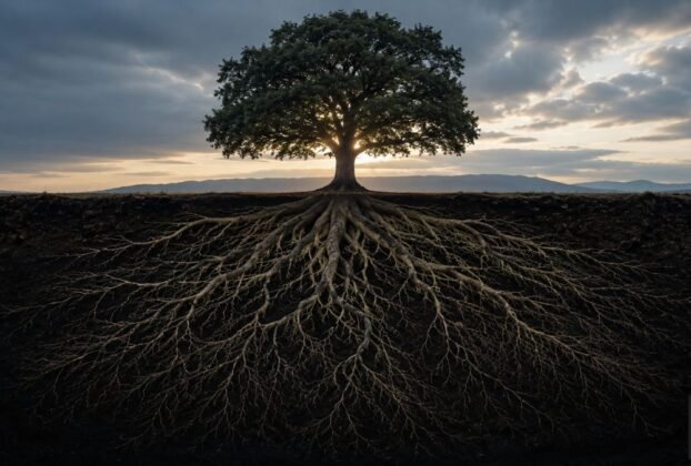 Árvore de grande porte com raízes profundas expostas em corte transversal, simbolizando a estrutura invisível que sustenta a prosperidade e a riqueza.