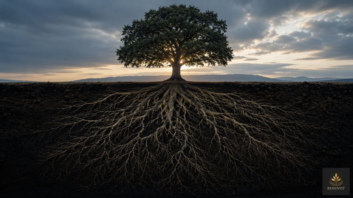 Árvore de grande porte com raízes profundas expostas em corte transversal, simbolizando a estrutura invisível que sustenta a prosperidade e a riqueza.