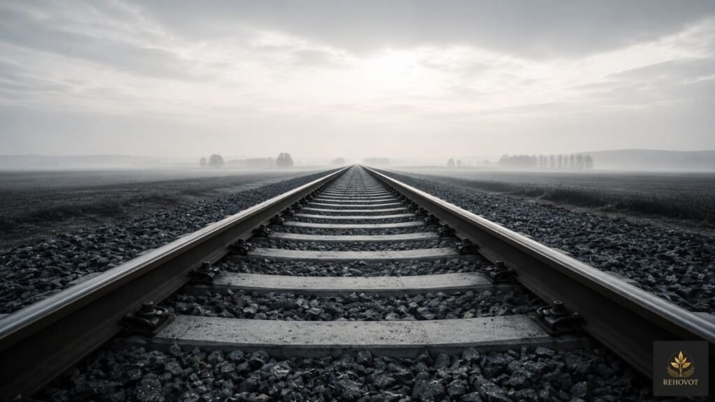 Trilho de trem visto de baixo se estendendo até o horizonte, simbolizando sistema contínuo