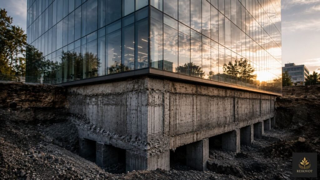 Fundação de concreto exposta sustentando um edifício moderno de vidro, simbolizando estrutura invisível que sustenta resultado visível