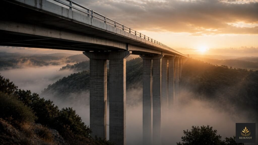 Estrutura de ponte moderna sustentada por pilares profundos atravessando um vale envolto por neblina, simbolizando organizações capazes de atravessar cenários incertos graças à solidez de sua estrutura.