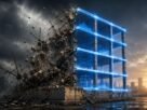 Estrutura de andaime metálico incompleta sustentando um painel de luz digital brilhante, simbolizando tecnologia sem base sólida