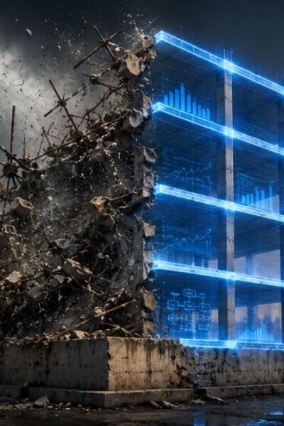 Estrutura de andaime metálico incompleta sustentando um painel de luz digital brilhante, simbolizando tecnologia sem base sólida