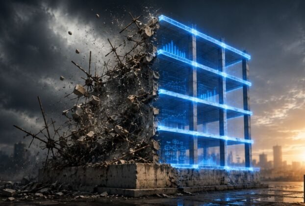 Estrutura de andaime metálico incompleta sustentando um painel de luz digital brilhante, simbolizando tecnologia sem base sólida