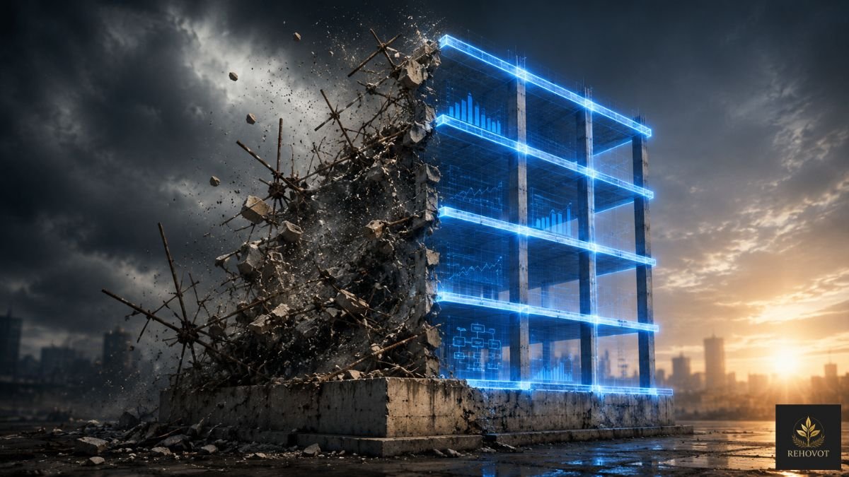 Estrutura de andaime metálico incompleta sustentando um painel de luz digital brilhante, simbolizando tecnologia sem base sólida