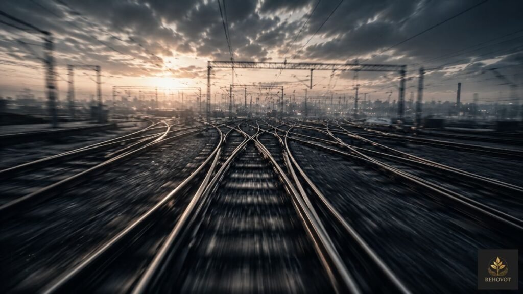 Trilhos de trem se multiplicando e se desalinhando em alta velocidade, simbolizando erro amplificado pela tecnologia