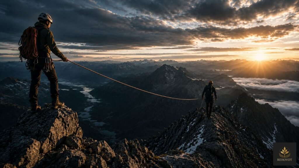 Dois alpinistas conectados por uma corda durante travessia em montanha.