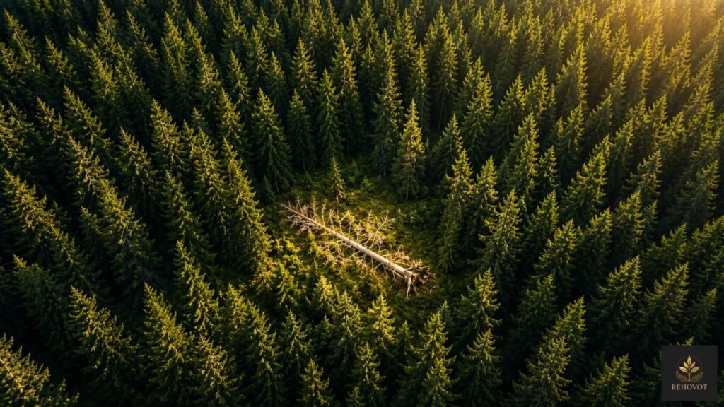 Vista aérea de uma floresta saudável onde uma única árvore caída não compromete todo o ecossistema.