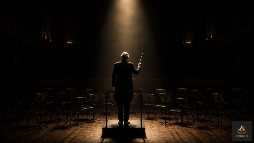 Maestro sozinho diante de uma orquestra vazia segurando a batuta.