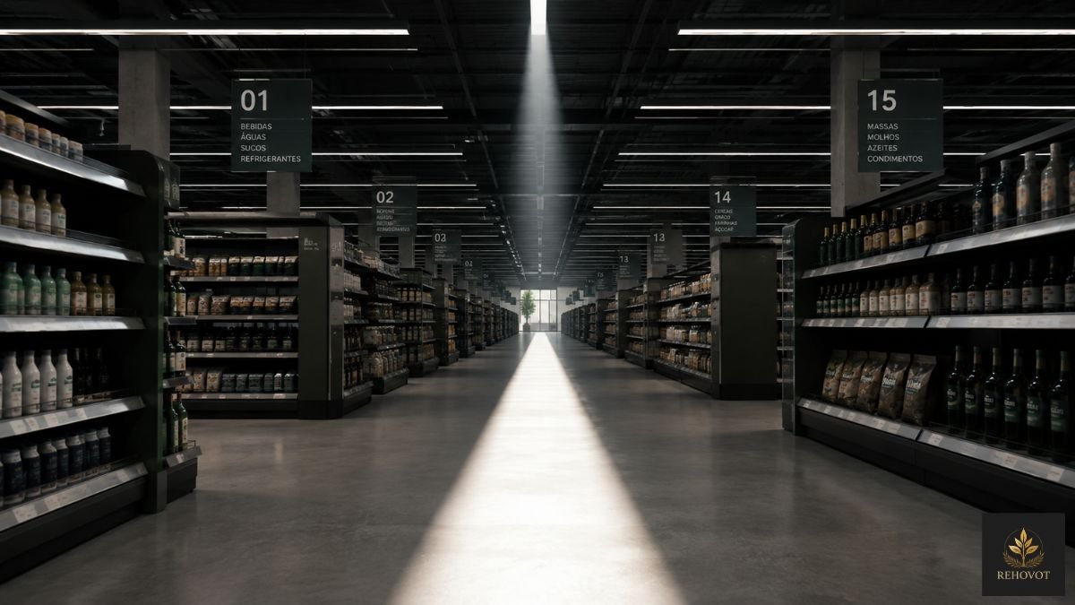 Líder observa um corredor vazio de supermercado onde apenas uma faixa de luz ilumina o caminho central, simbolizando clareza em meio à complexidade.