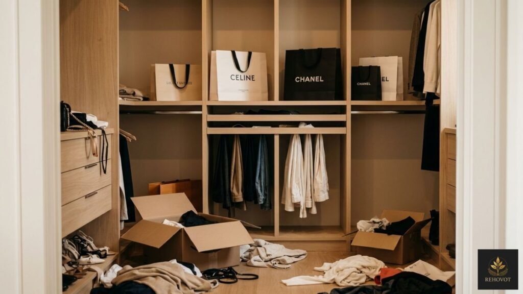 Dinheiro Não Começa na Conta — Começa na Estrutura Financeira 3 Closet organizado parcialmente ocupado por novas sacolas de compras enquanto objetos antigos continuam espalhados e sem organização.