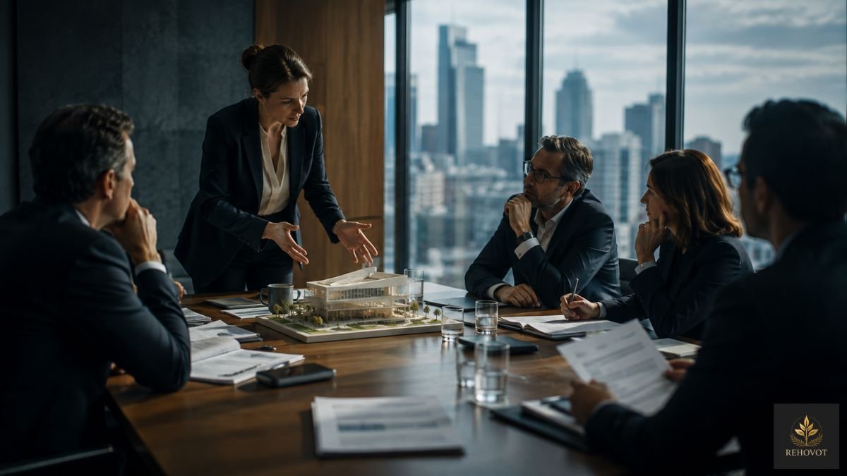 Executivo apresenta uma nova proposta a líderes em uma sala de reunião enquanto os participantes avaliam a ideia antes de decidir se devem apoiá-la.