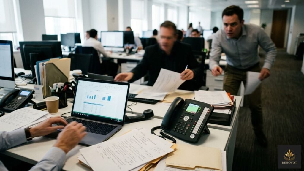 Gestor cercado por múltiplas demandas simultâneas — telefone, papéis, pessoas — em ambiente realista