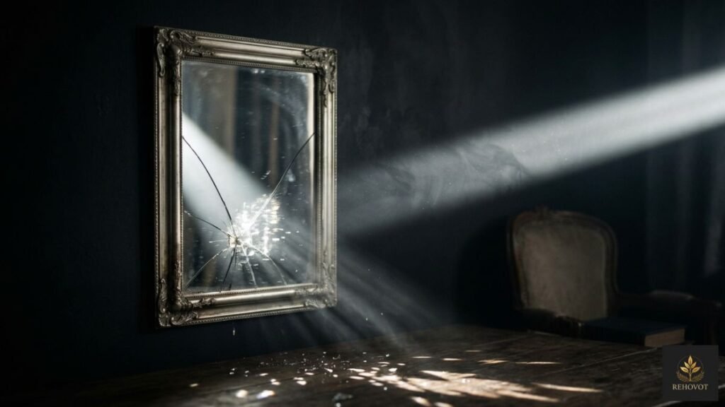 Espelho parcialmente trincado reflete apenas parte de um feixe de luz. 