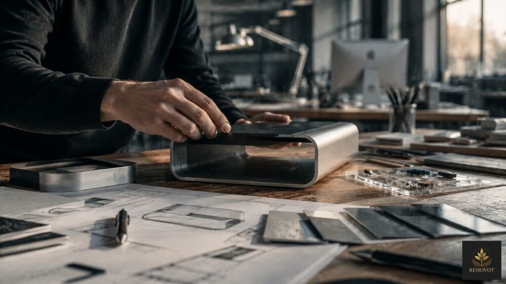 Protótipo de produto sendo desenvolvido em um estúdio de design e engenharia