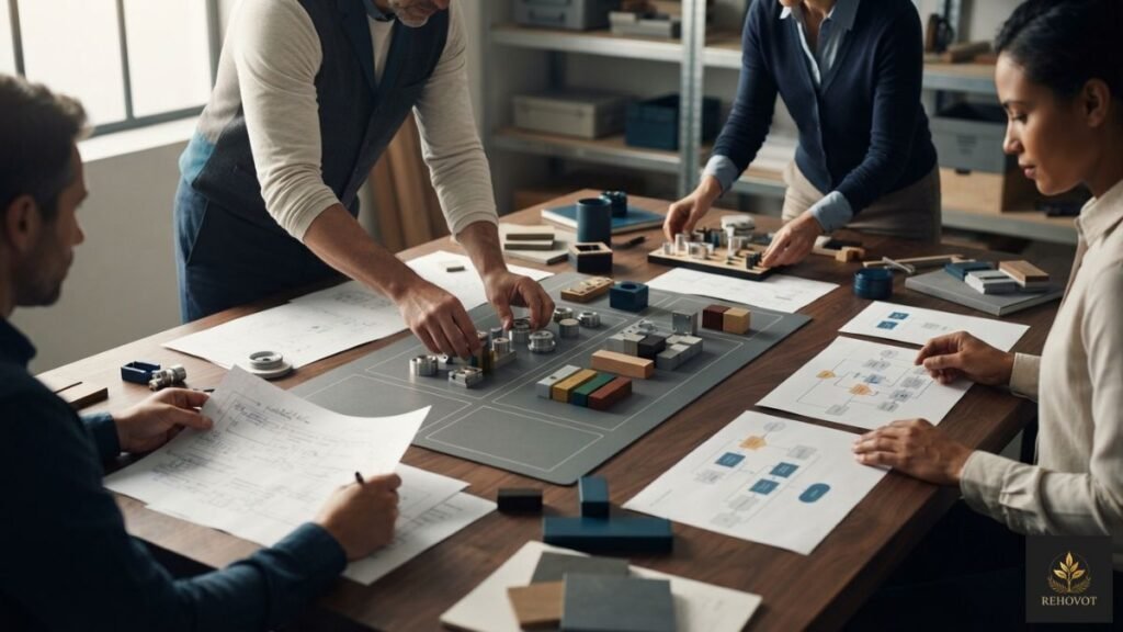 Equipe distribui tarefas e responsabilidades sobre uma mesa de trabalho, representando um sistema criado para preservar a qualidade.