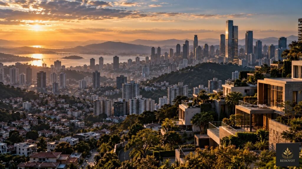 Paisagem urbana com diferentes níveis de arquitetura e altitude visualmente comparáveis, simbolizando referências sociais móveis.