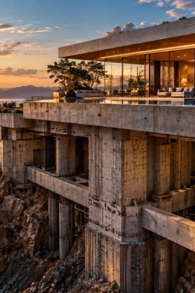 Edifício sofisticado visto acima do nível do solo com uma estrutura arquitetônica profunda revelada abaixo, simbolizando a diferença entre aparência e sustentação.