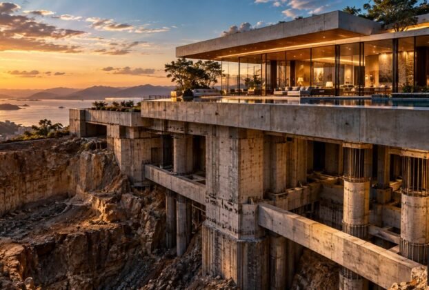 Edifício sofisticado visto acima do nível do solo com uma estrutura arquitetônica profunda revelada abaixo, simbolizando a diferença entre aparência e sustentação.