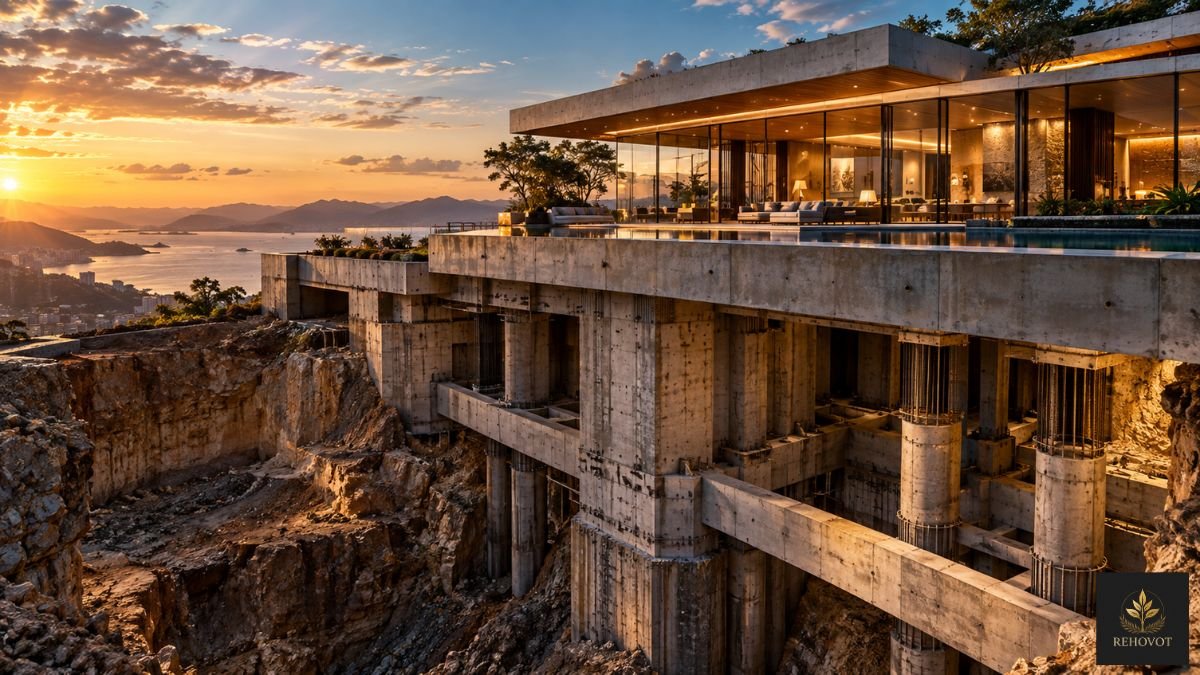 Edifício sofisticado visto acima do nível do solo com uma estrutura arquitetônica profunda revelada abaixo, simbolizando a diferença entre aparência e sustentação.