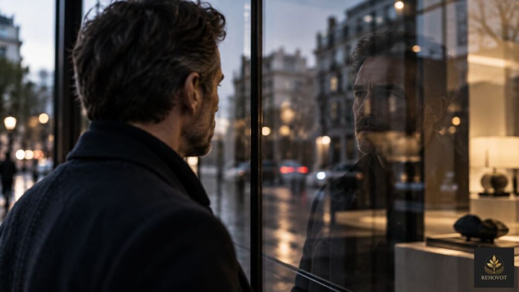 Pessoa observa o próprio reflexo em vidro com expressão introspectiva