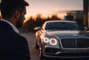 Homem elegante observa carro de luxo ao entardecer com expressão reflexiva, não celebratória
