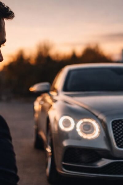 Homem elegante observa carro de luxo ao entardecer com expressão reflexiva, não celebratória