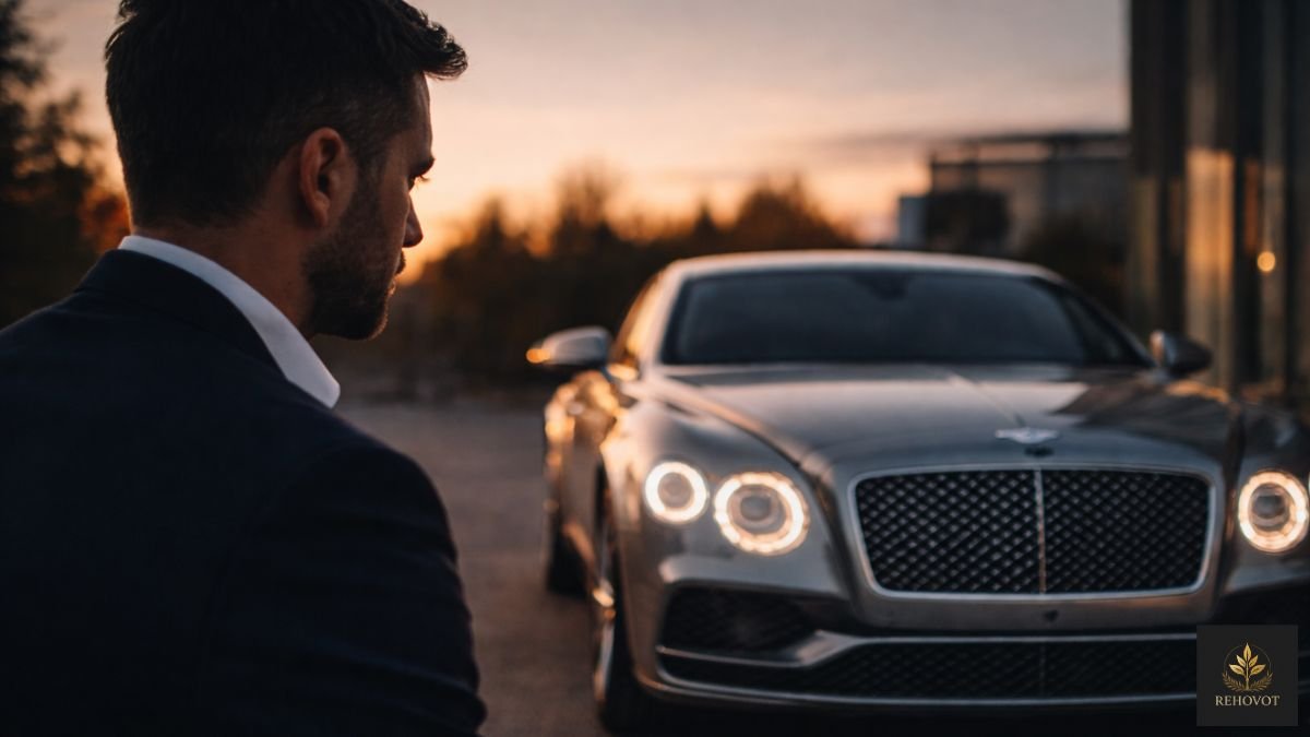 Homem elegante observa carro de luxo ao entardecer com expressão reflexiva, não celebratória