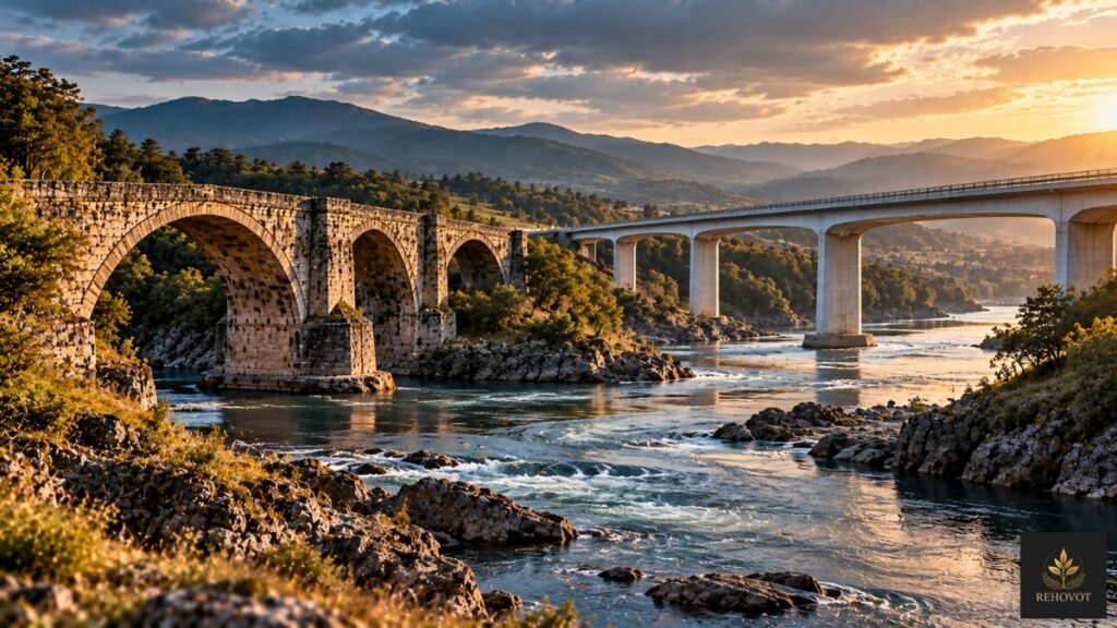 Ponte de pedra e estrutura moderna junto a um rio cujas águas revelam diferentes níveis e condições.