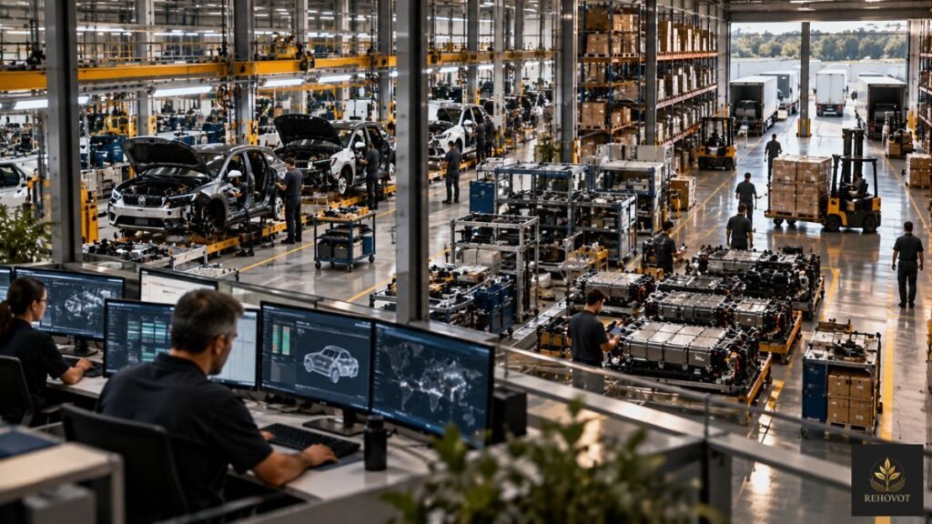Rede integrada de pessoas, processos e infraestrutura sustentando uma operação industrial.