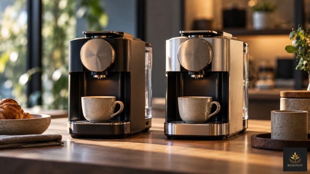 Dois equipamentos para preparar café, com acabamentos diferentes, dispostos lado a lado sobre uma bancada.