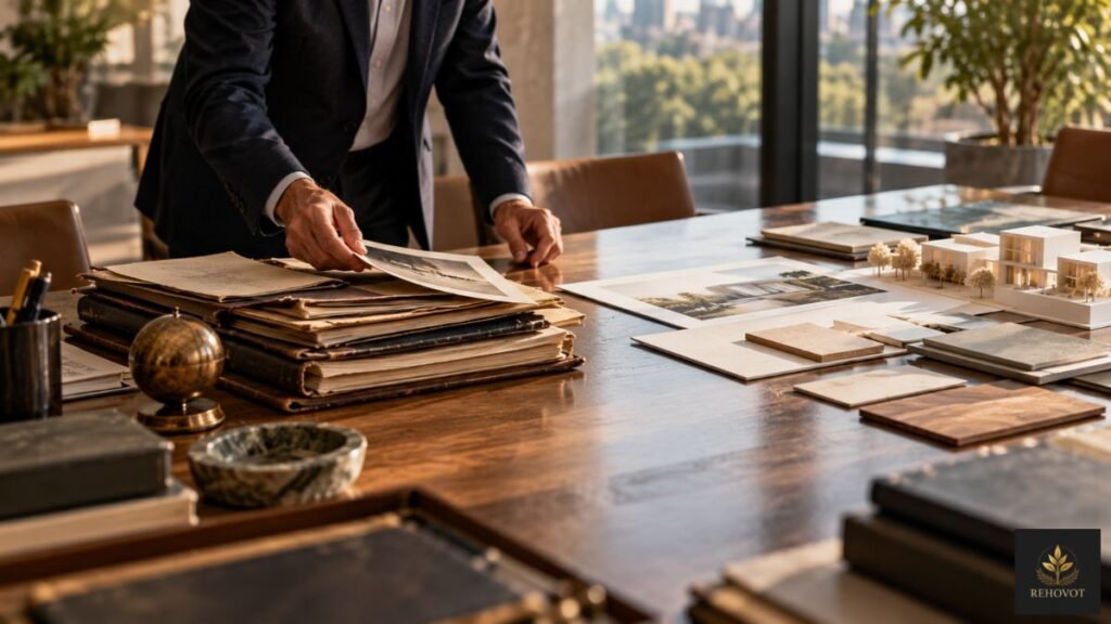 Profissional compara documentos acumulados com propostas e modelos de uma nova configuração sobre uma mesa.