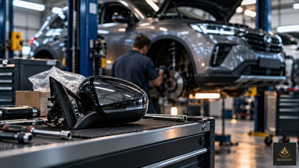 Peça automotiva aguardando instalação enquanto veículo permanece em área de serviço.