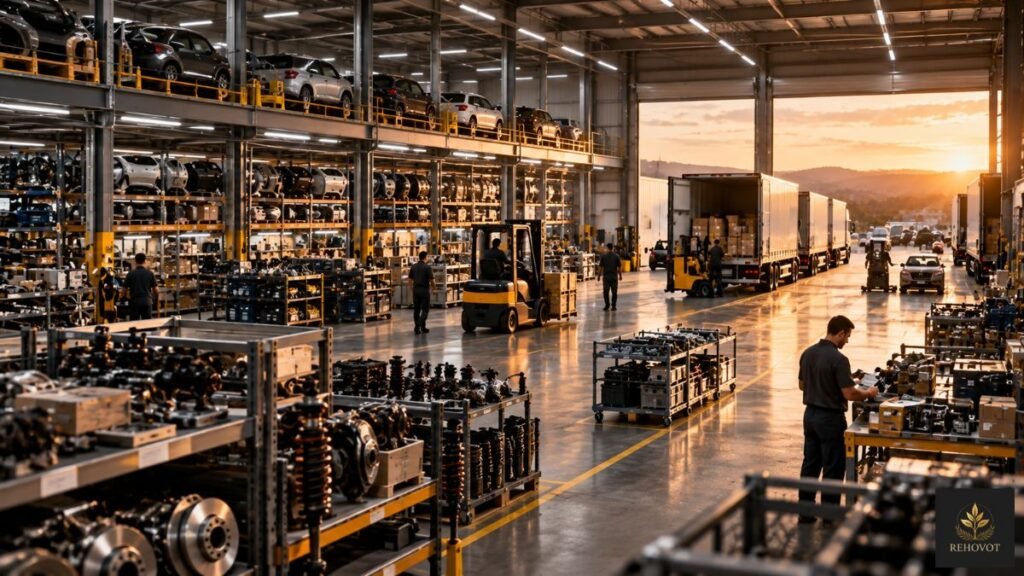 Centro logístico automotivo com peças, veículos e fluxo de distribuição organizado.