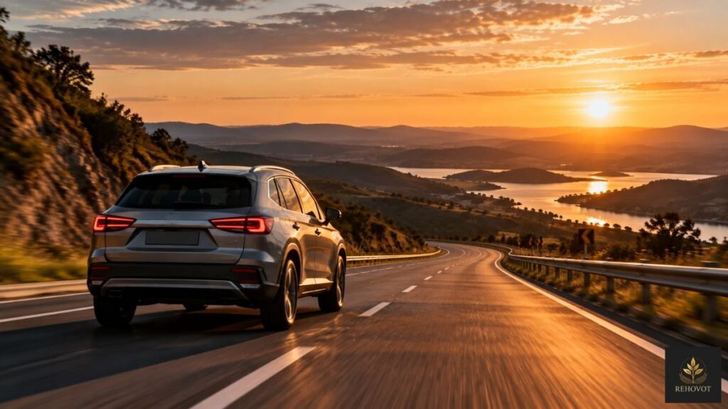 Automóvel percorrendo estrada real ao entardecer, simbolizando continuidade e confiança.