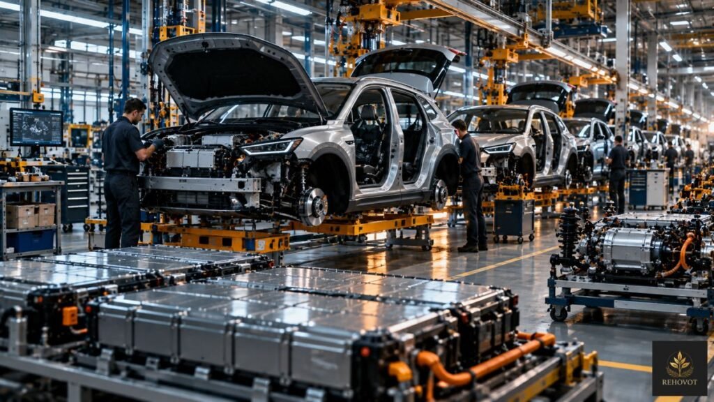 Linha industrial moderna com veículos elétricos e componentes tecnológicos em produção.