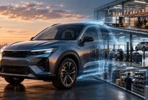 Automóvel contemporâneo integrado visualmente a uma complexa estrutura de logística, assistência e suporte.