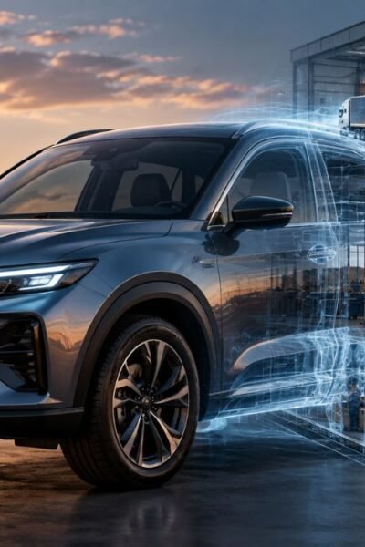 Automóvel contemporâneo integrado visualmente a uma complexa estrutura de logística, assistência e suporte.