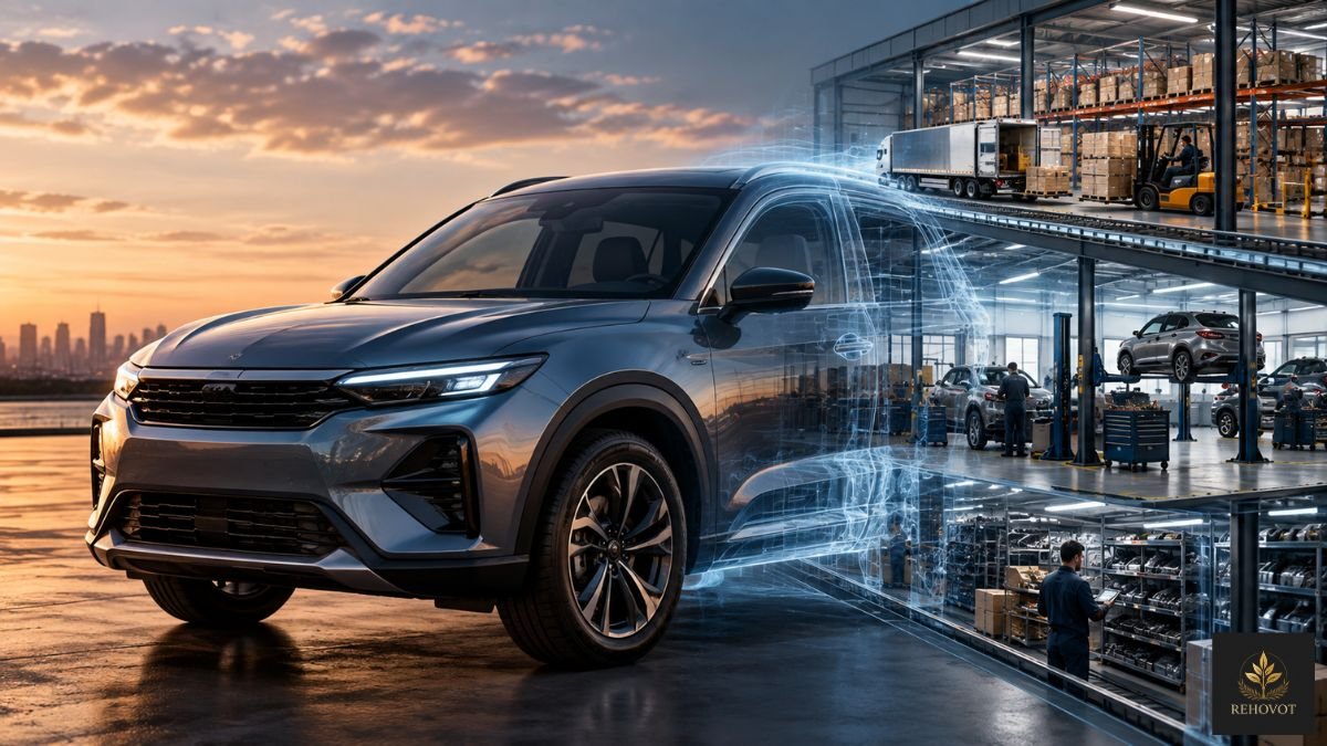 Automóvel contemporâneo integrado visualmente a uma complexa estrutura de logística, assistência e suporte.