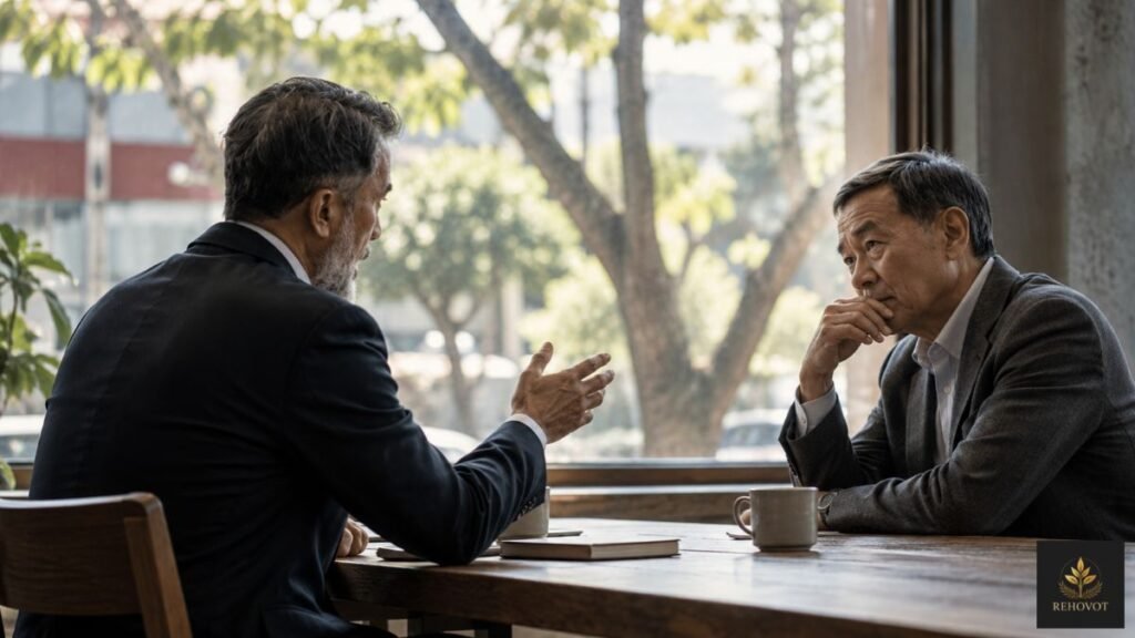 Dois profissionais conversam; um explica enquanto o outro escuta com expressão questionadora.